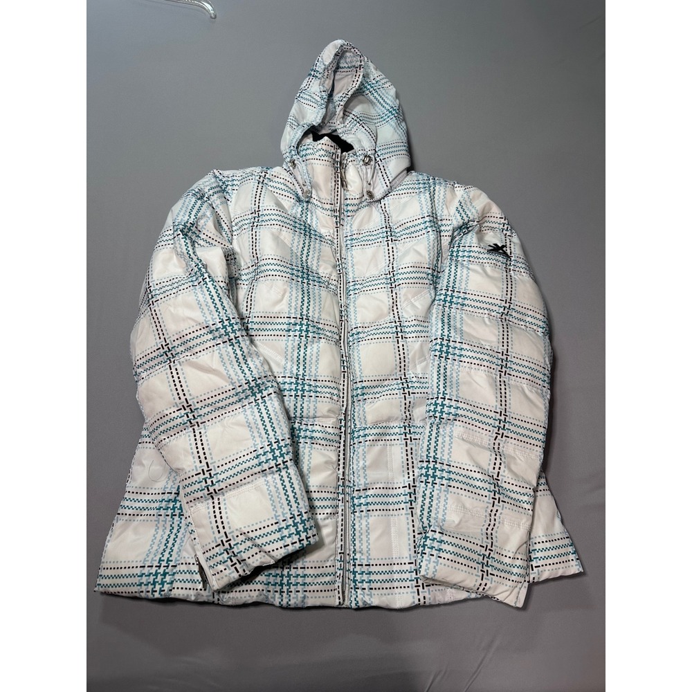 ZeroXposur Womens Aqua Plaid Puffer Jacket Down Fill Hooded Winter Coat 93130-9
